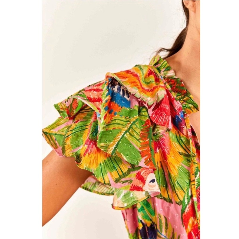 Farm Rio Pink Tropical Parrot Tiered Maxi Dress Flutter Sleeve Womens Size L - Picture 6 of 10